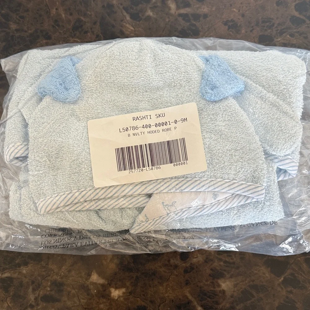 New! Light Blue Hooded Baby Bath Robe with Belt, 0-9 Months